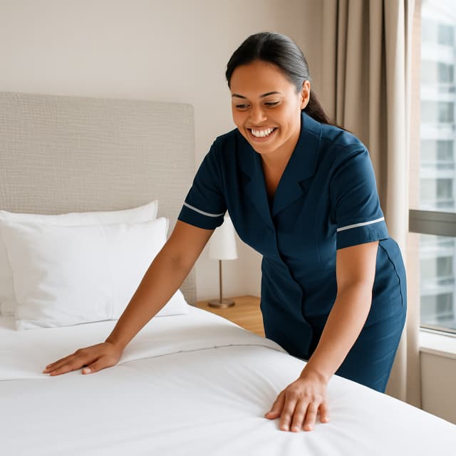 Mujer de Maid tendiendo una cama en una casa en la Ciudad de Panamá