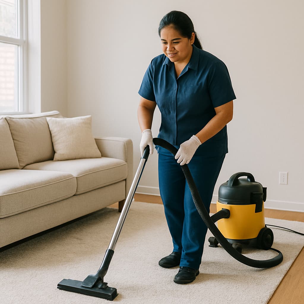 Mujer de Maid aspirando una alfombra en una habitación en la Ciudad de Panamá