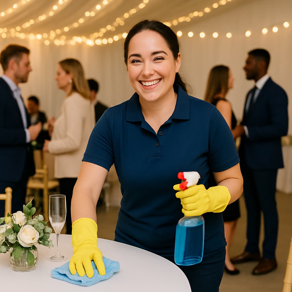 Mujer de Maid limpiando una mesa durante un evento en la Ciudad de Panamá