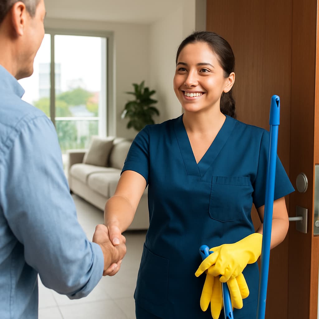 Mujer de Maid despidiéndose del cliente luego del servicio de limpieza en la Ciudad de Panamá