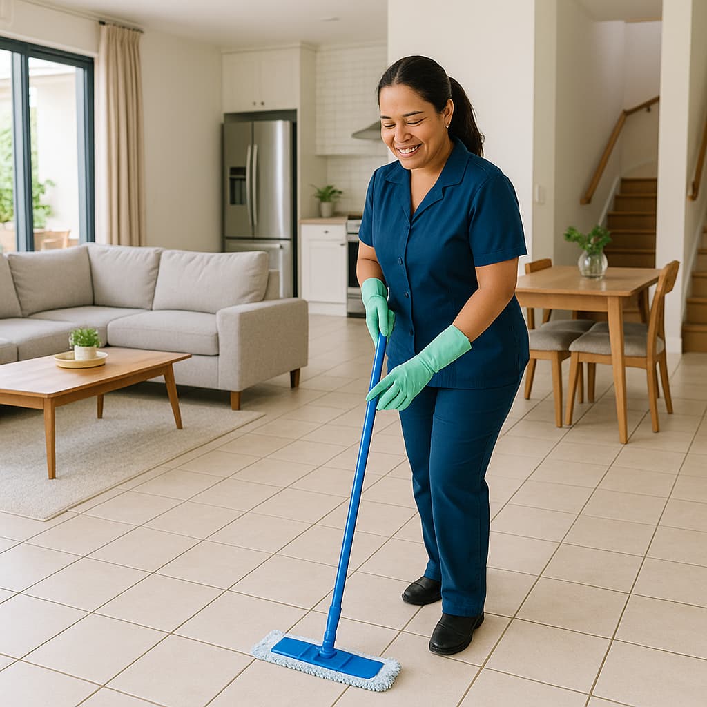 Mujer de Maid limpiando y preparando un apartamento modelo para exhibición en la Ciudad de Panamá
