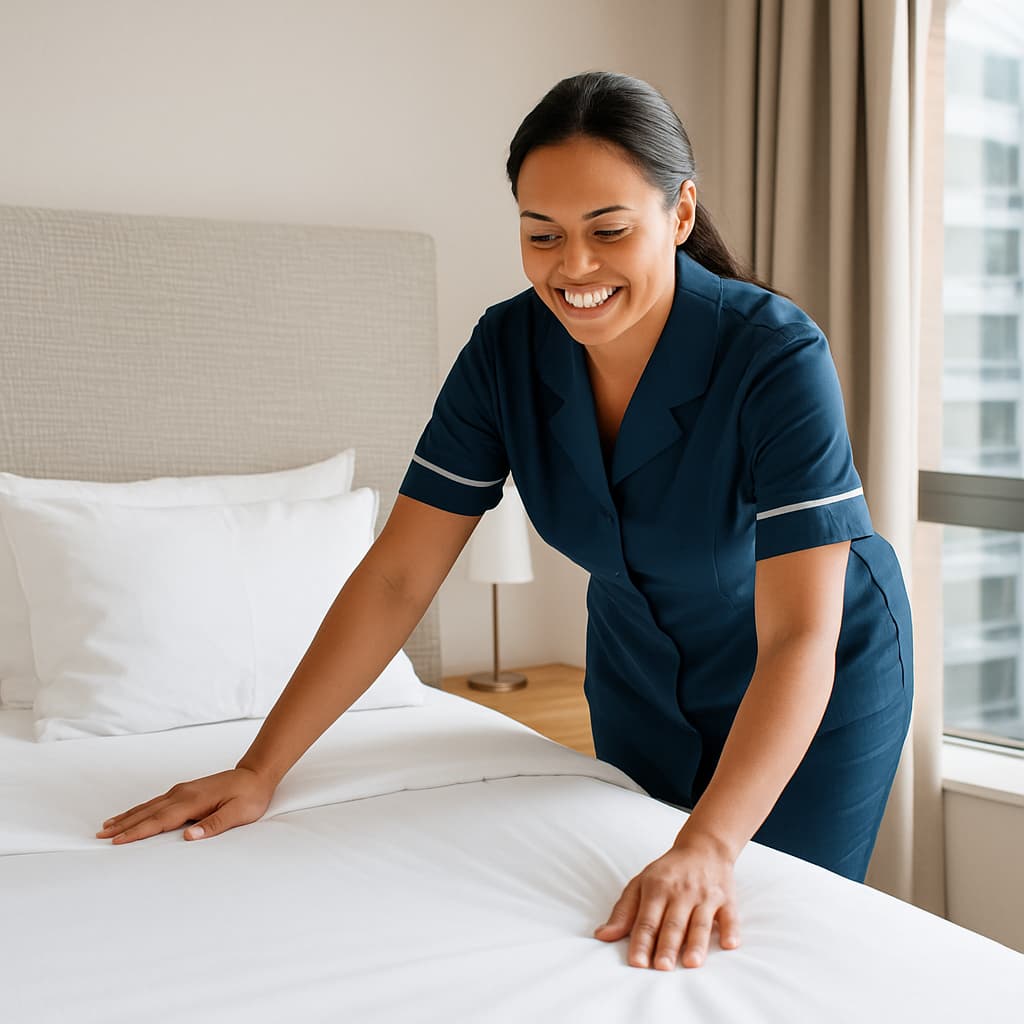 Mujer de Maid tendiendo una cama en una habitación en la Ciudad de Panamá